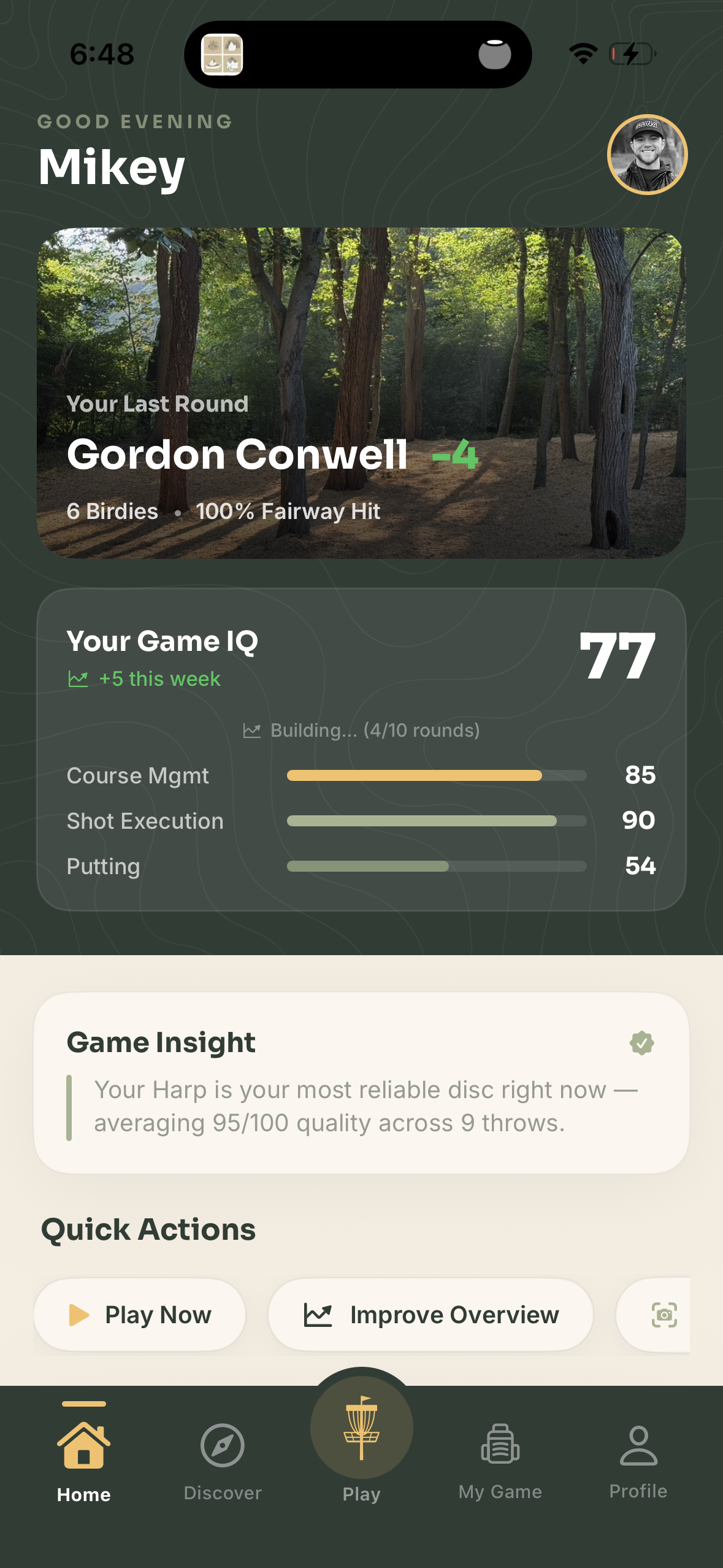 Radius home screen with Game IQ